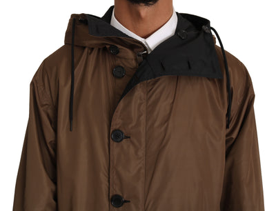 Black Brown Hooded Reversible Raincoat