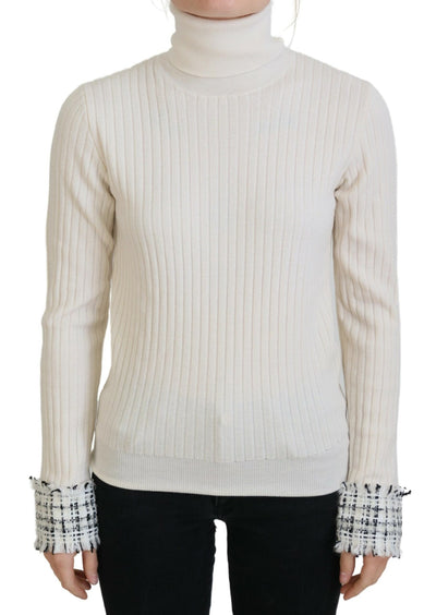 Ivory Turtleneck Distressed Cuff Pullover Sweater