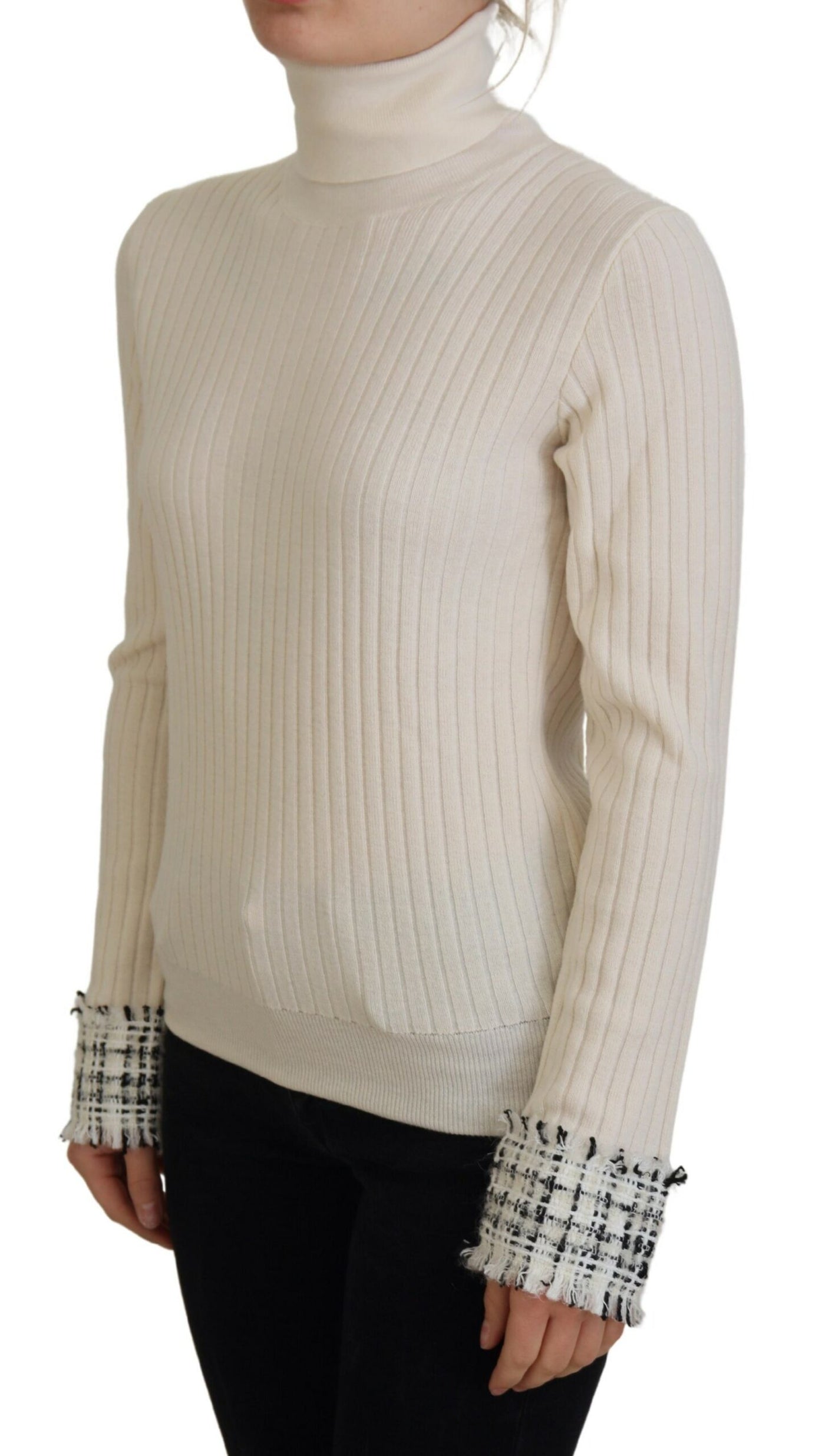 Ivory Turtleneck Distressed Cuff Pullover Sweater