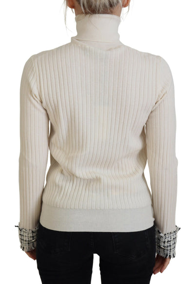 Ivory Turtleneck Distressed Cuff Pullover Sweater