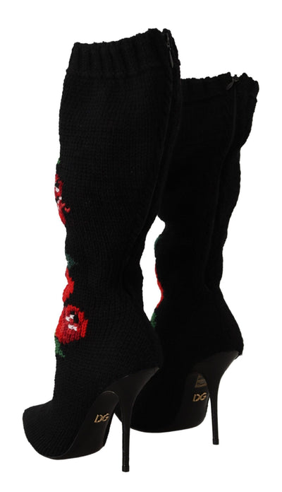 Black Stretch Socks Red Roses Booties Shoes