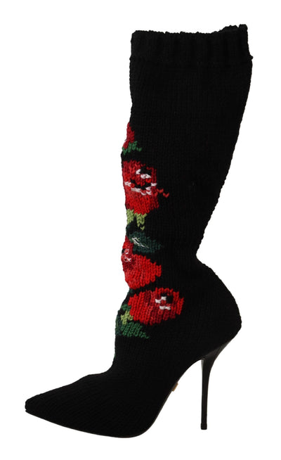 Black Stretch Socks Red Roses Booties Shoes