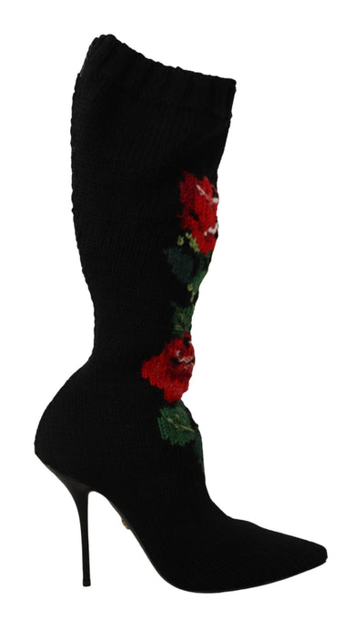 Black Stretch Socks Red Roses Booties Shoes