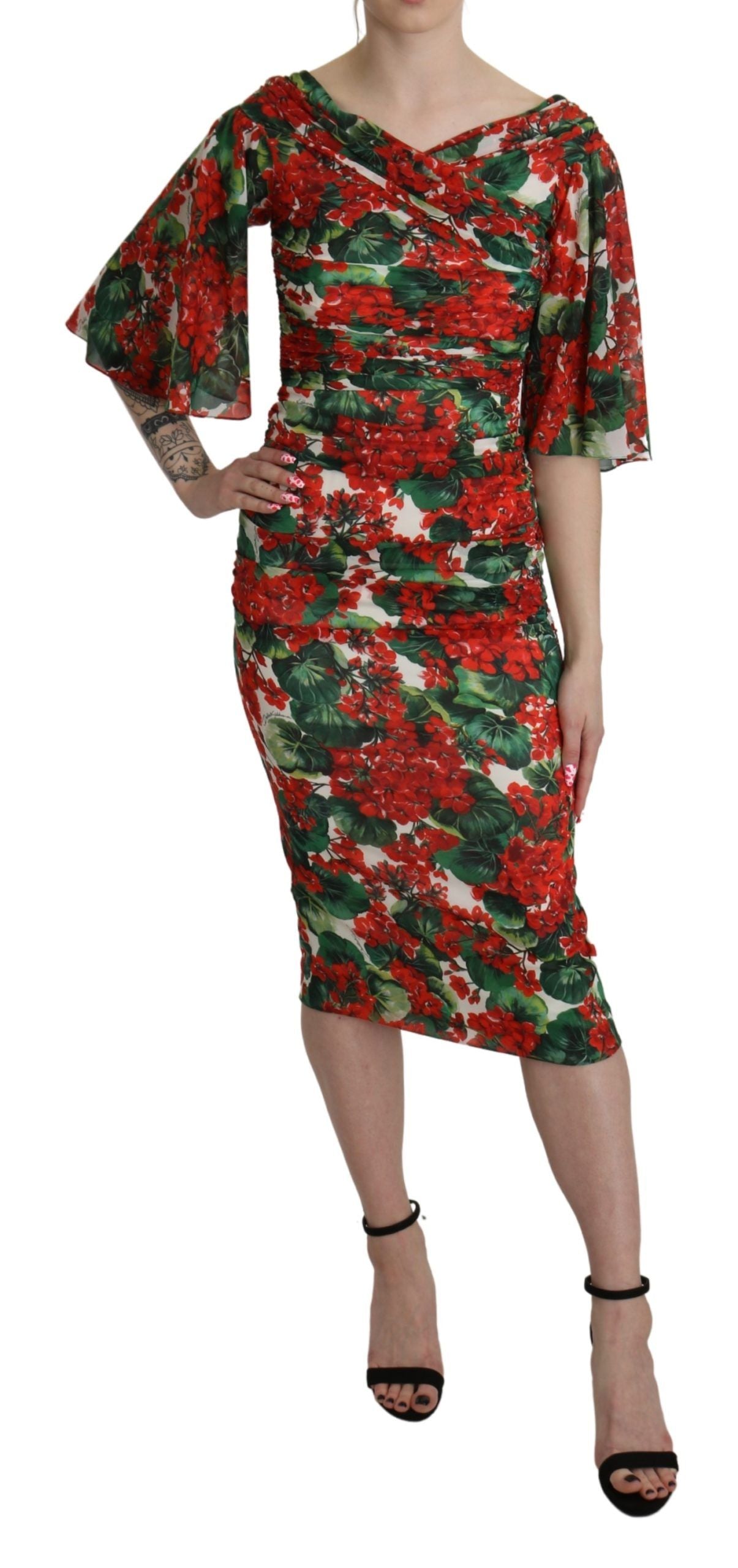 Red Floral Sheath Midi Silk Stretch Dress