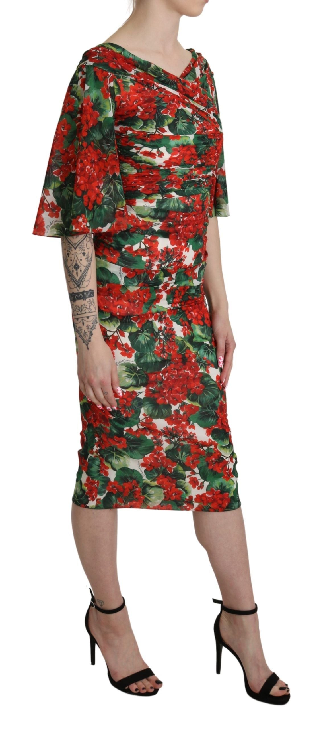 Red Floral Sheath Midi Silk Stretch Dress