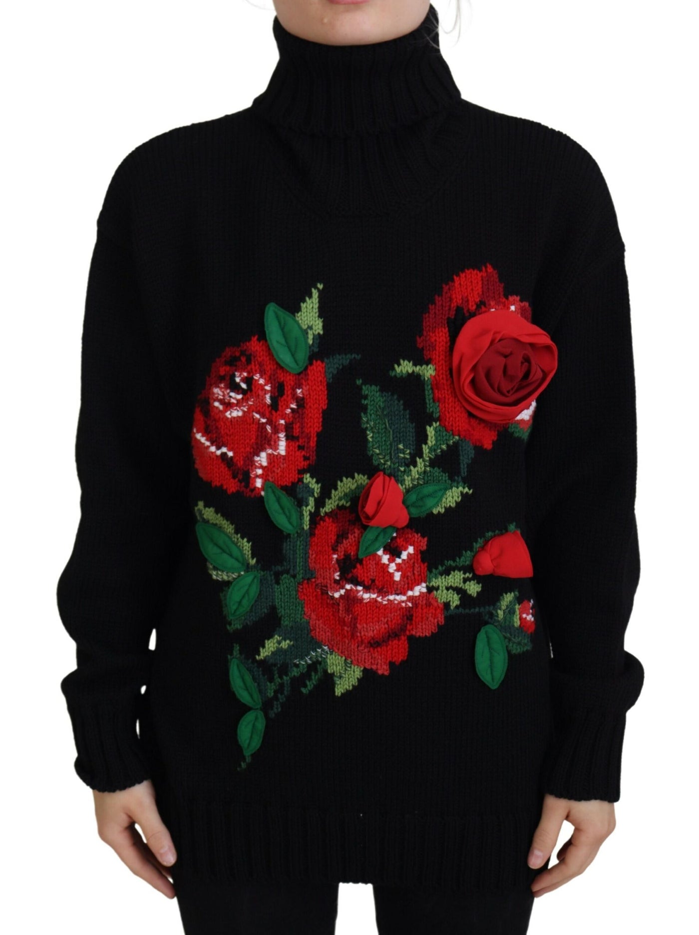 Black Turtleneck Red Roses Pullover Sweater