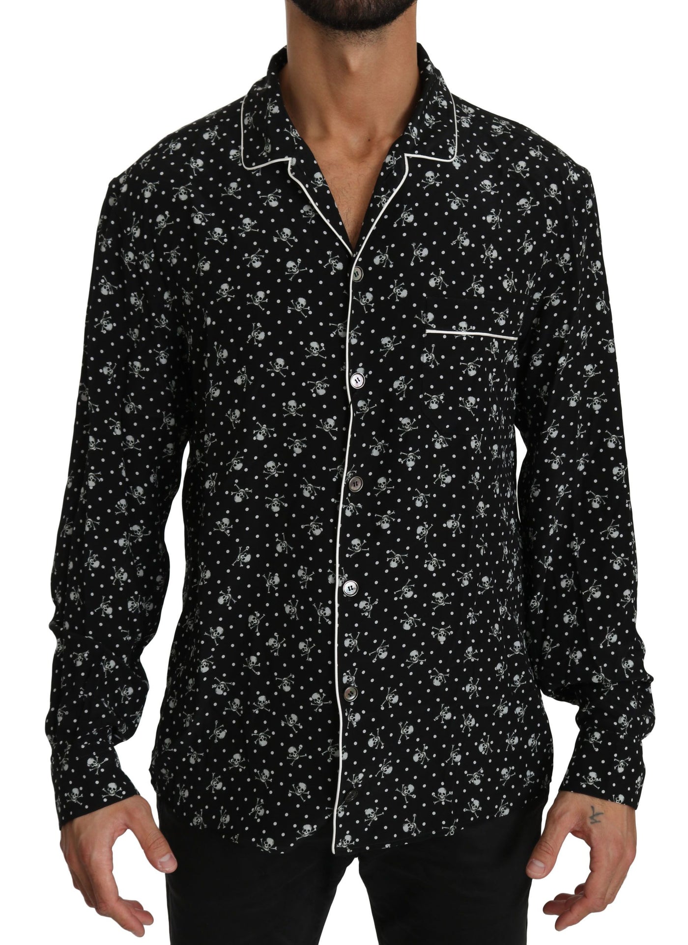 Black Skull Print Silk Sleepwear Shirt