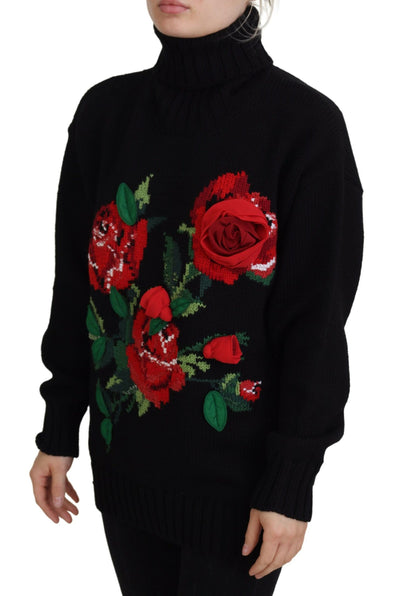 Black Turtleneck Red Roses Pullover Sweater