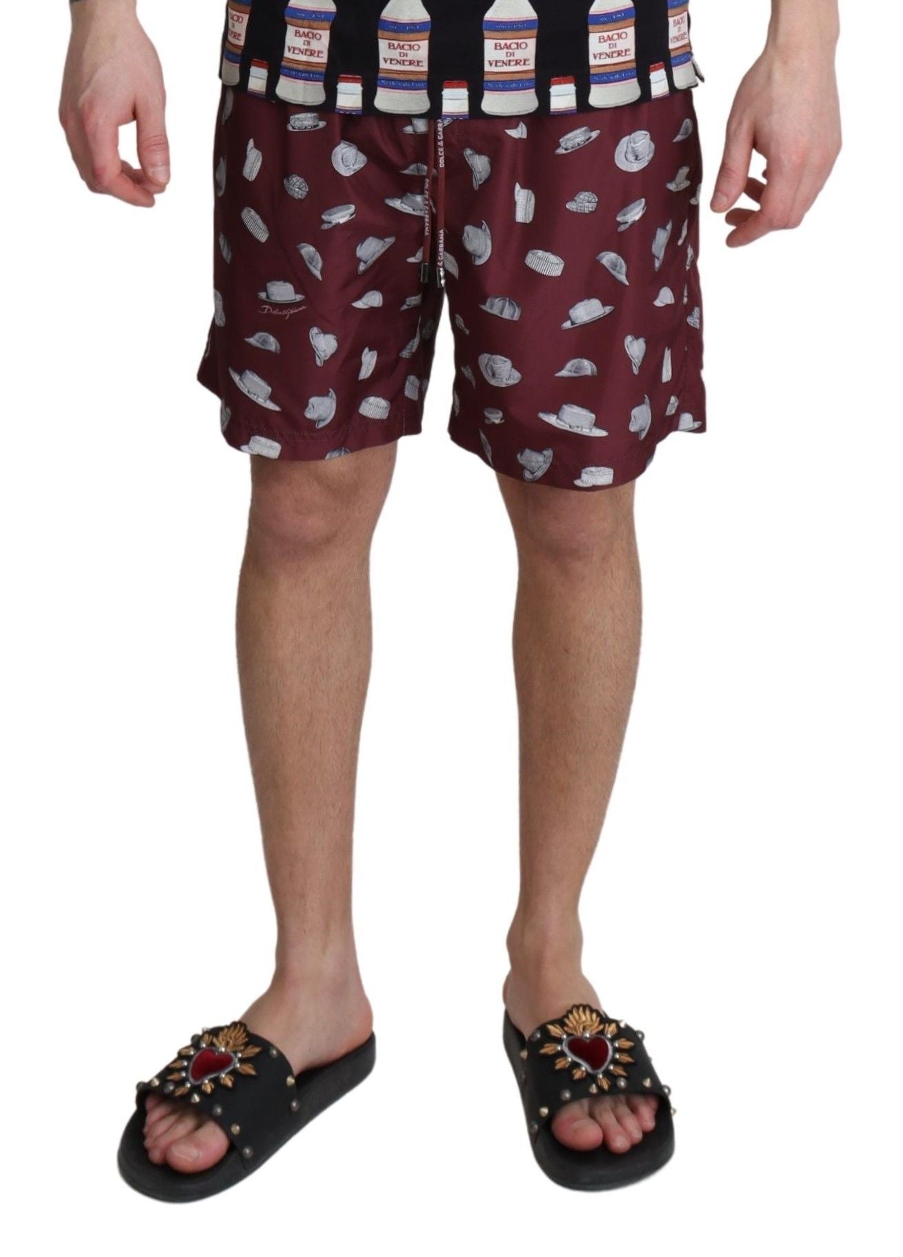 Maroon Hats Print Beachwear Shorts Swimwear