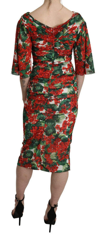 Red Floral Sheath Midi Silk Stretch Dress