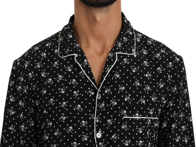 Black Skull Print Silk Sleepwear Shirt