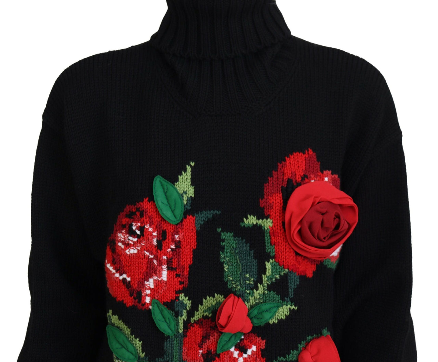 Black Turtleneck Red Roses Pullover Sweater