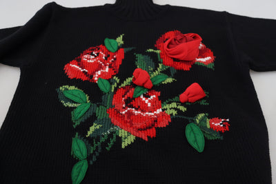 Black Turtleneck Red Roses Pullover Sweater