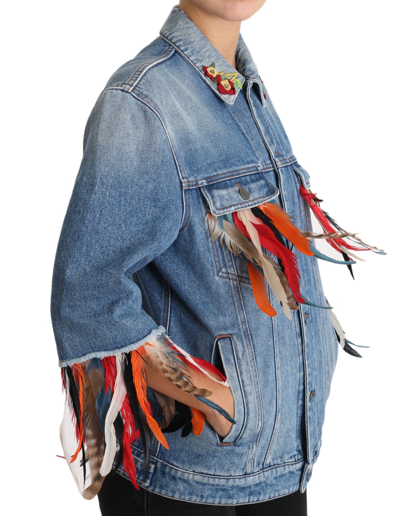 DENIM Blue Jeans Feather Floral Jacket