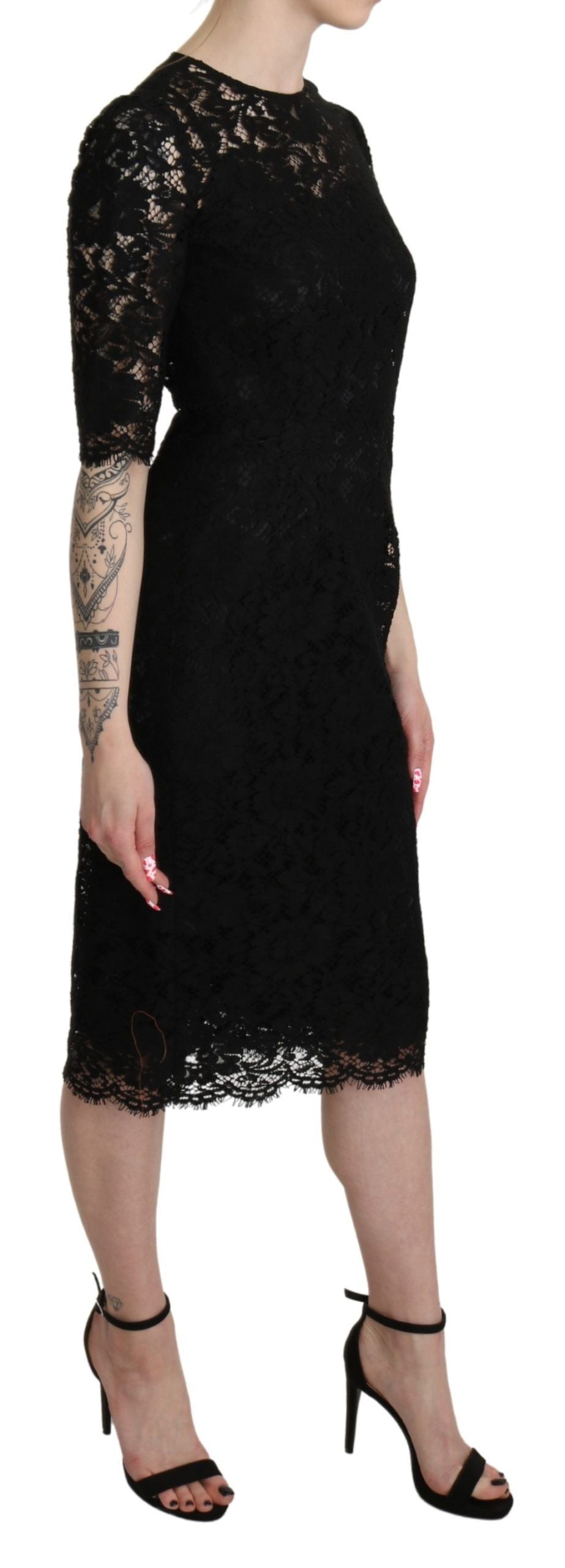 Black Floral Lace Sheath Knee Length Dress