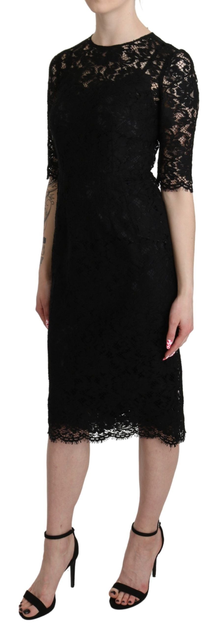 Black Floral Lace Sheath Knee Length Dress