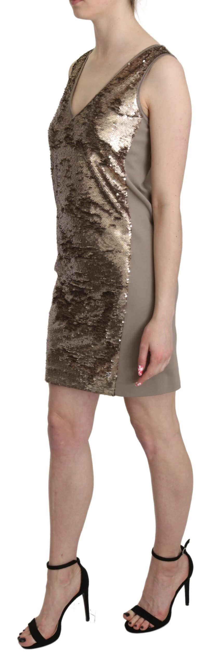 Brown Sequined V-neck Sleeveless Sheath Mini Dress