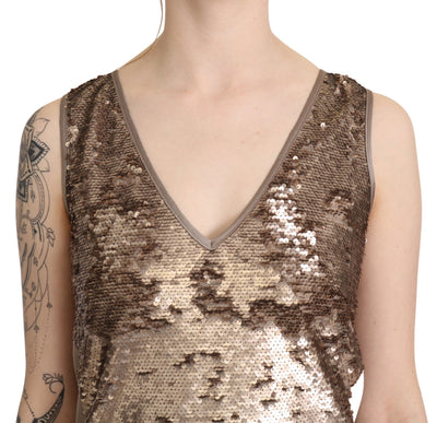 Brown Sequined V-neck Sleeveless Sheath Mini Dress