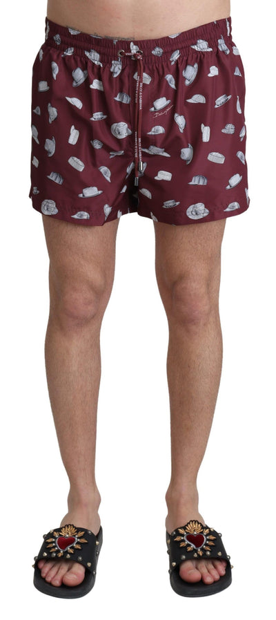 Maroon Hats Print Beachwear Shorts Swimwear