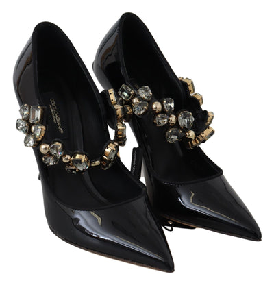 Black Leather Crystal Shoes Mary Jane Pumps