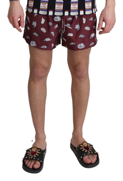 Maroon Hats Print Beachwear Shorts Swimwear