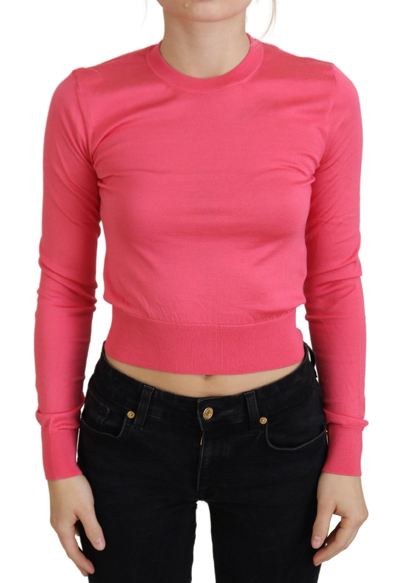 Pink Silk Cropped Crewneck Pullover Sweater