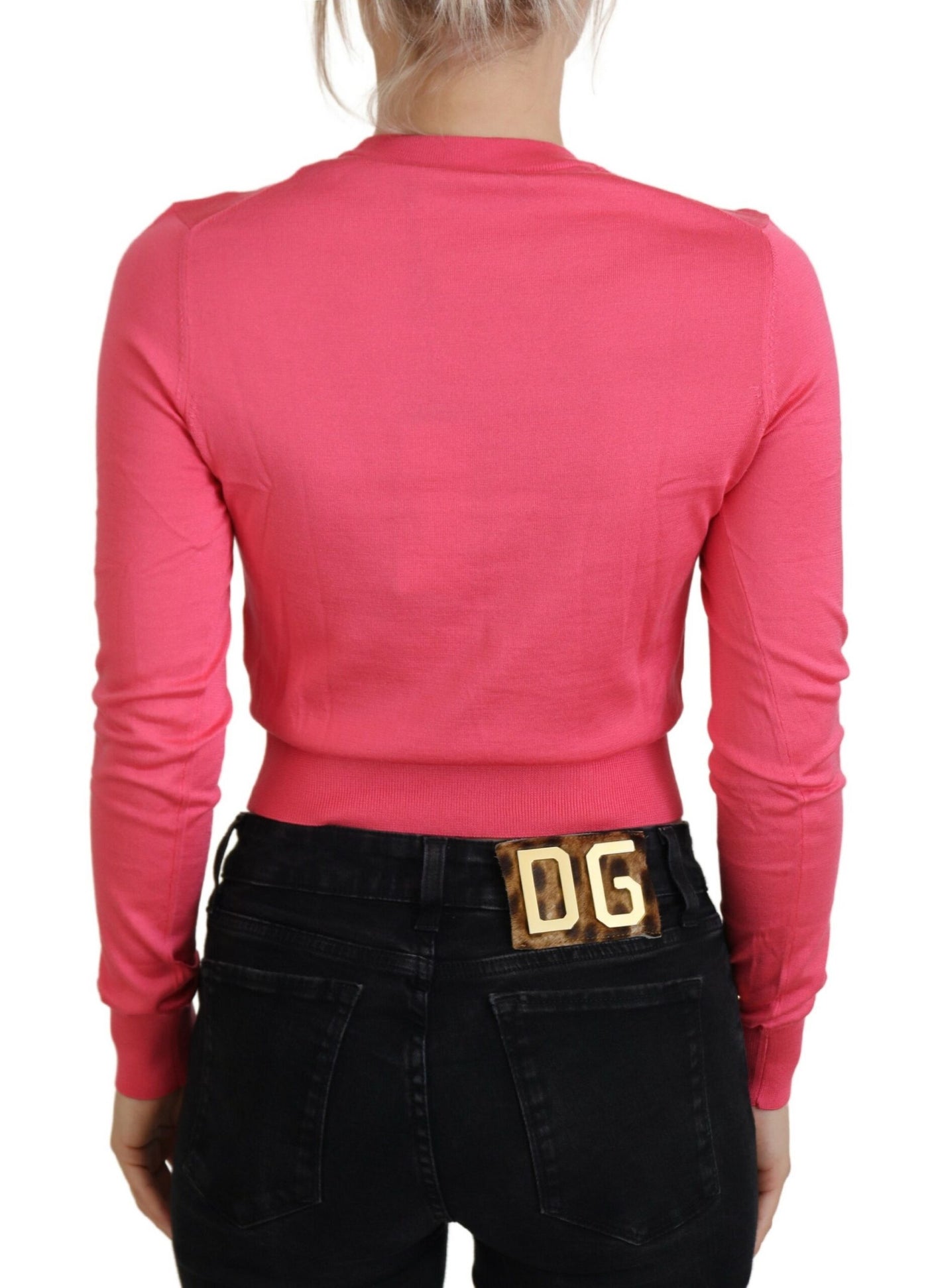 Pink Silk Cropped Crewneck Pullover Sweater