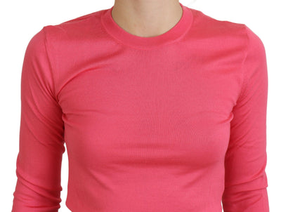 Pink Silk Cropped Crewneck Pullover Sweater