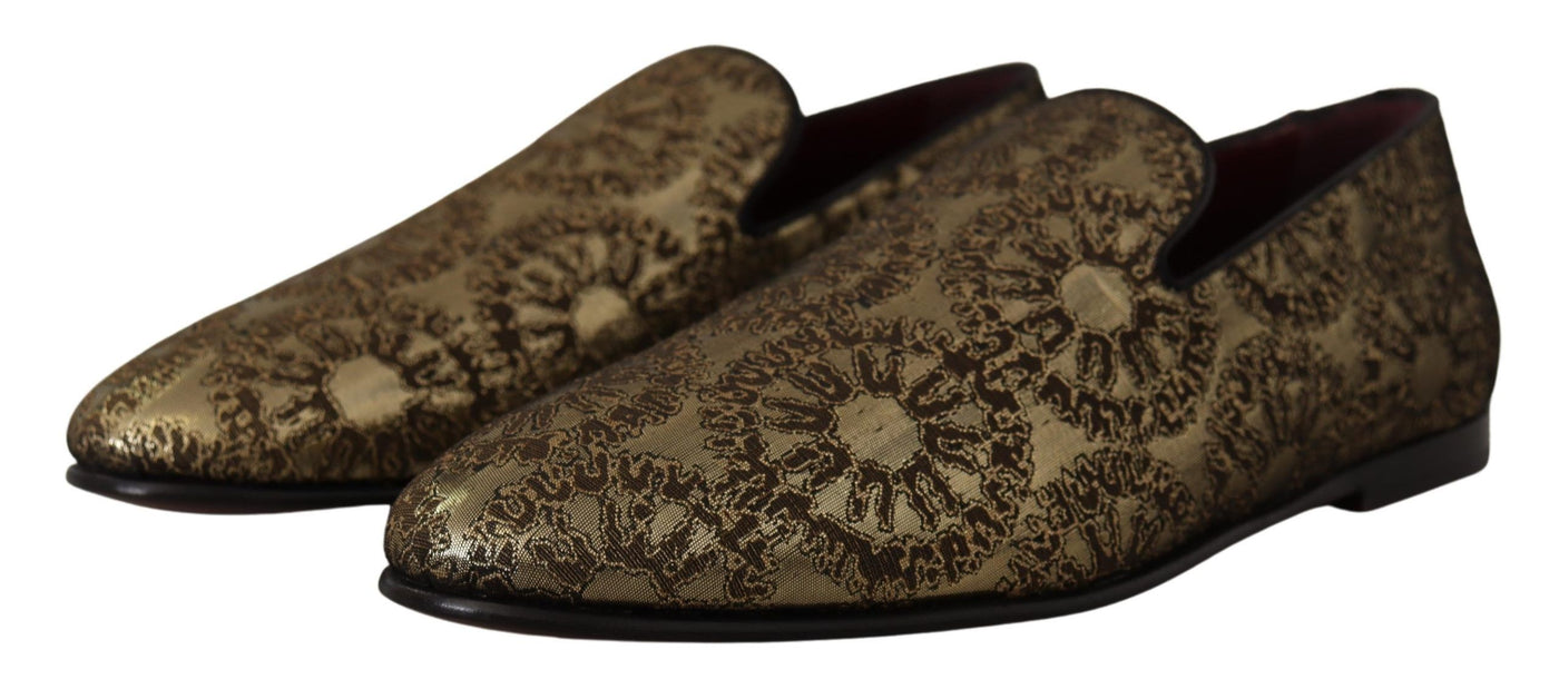 Gold Jacquard Flats Mens Loafers Shoes