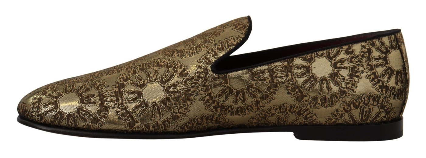 Gold Jacquard Flats Mens Loafers Shoes