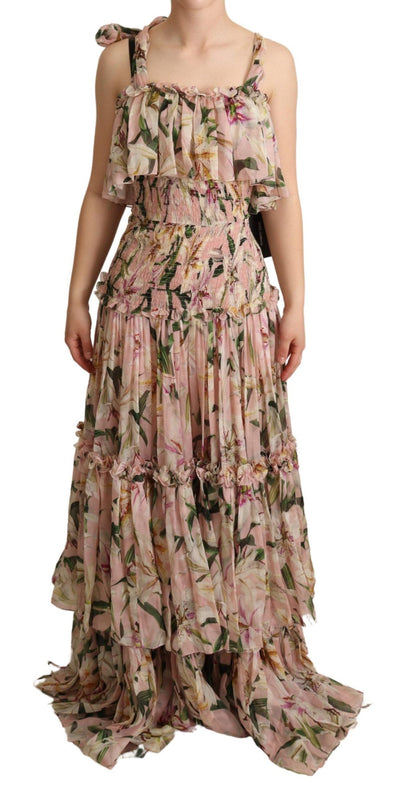 Pink Floral Print Silk Chiffon Tiered Dress