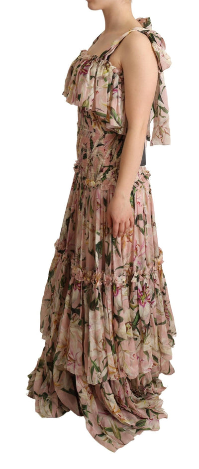 Pink Floral Print Silk Chiffon Tiered Dress