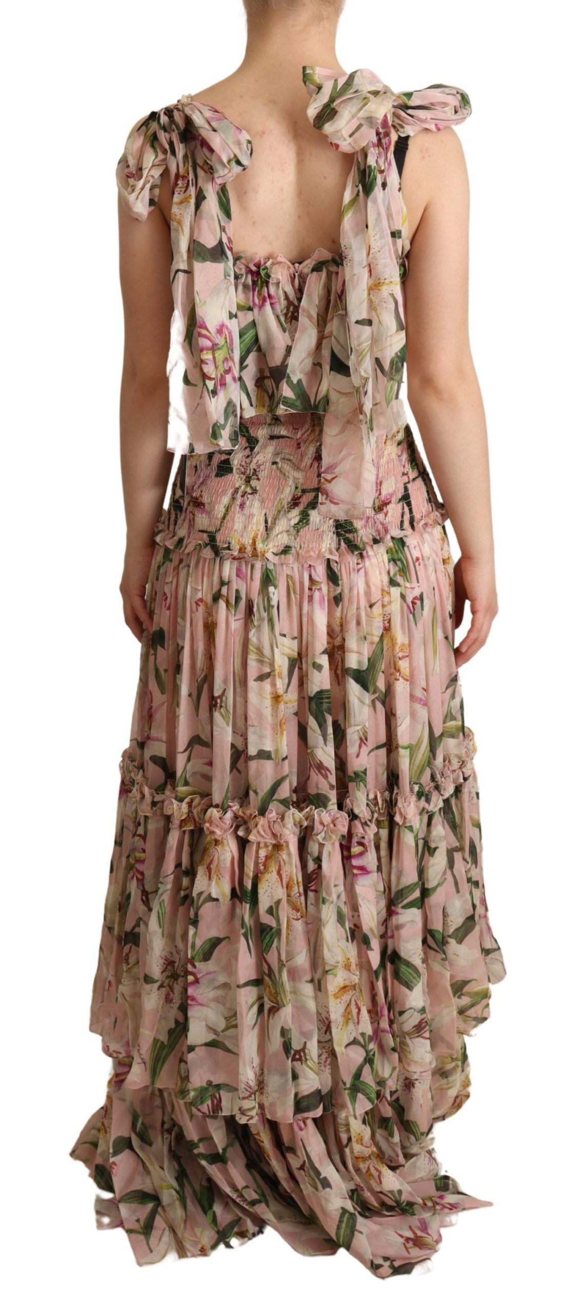 Pink Floral Print Silk Chiffon Tiered Dress