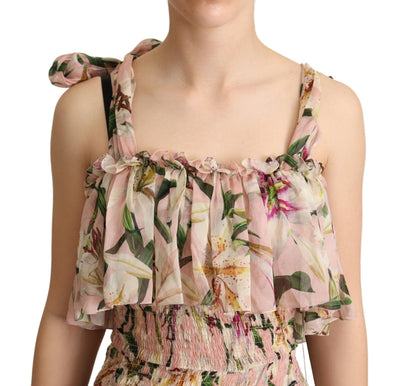 Pink Floral Print Silk Chiffon Tiered Dress