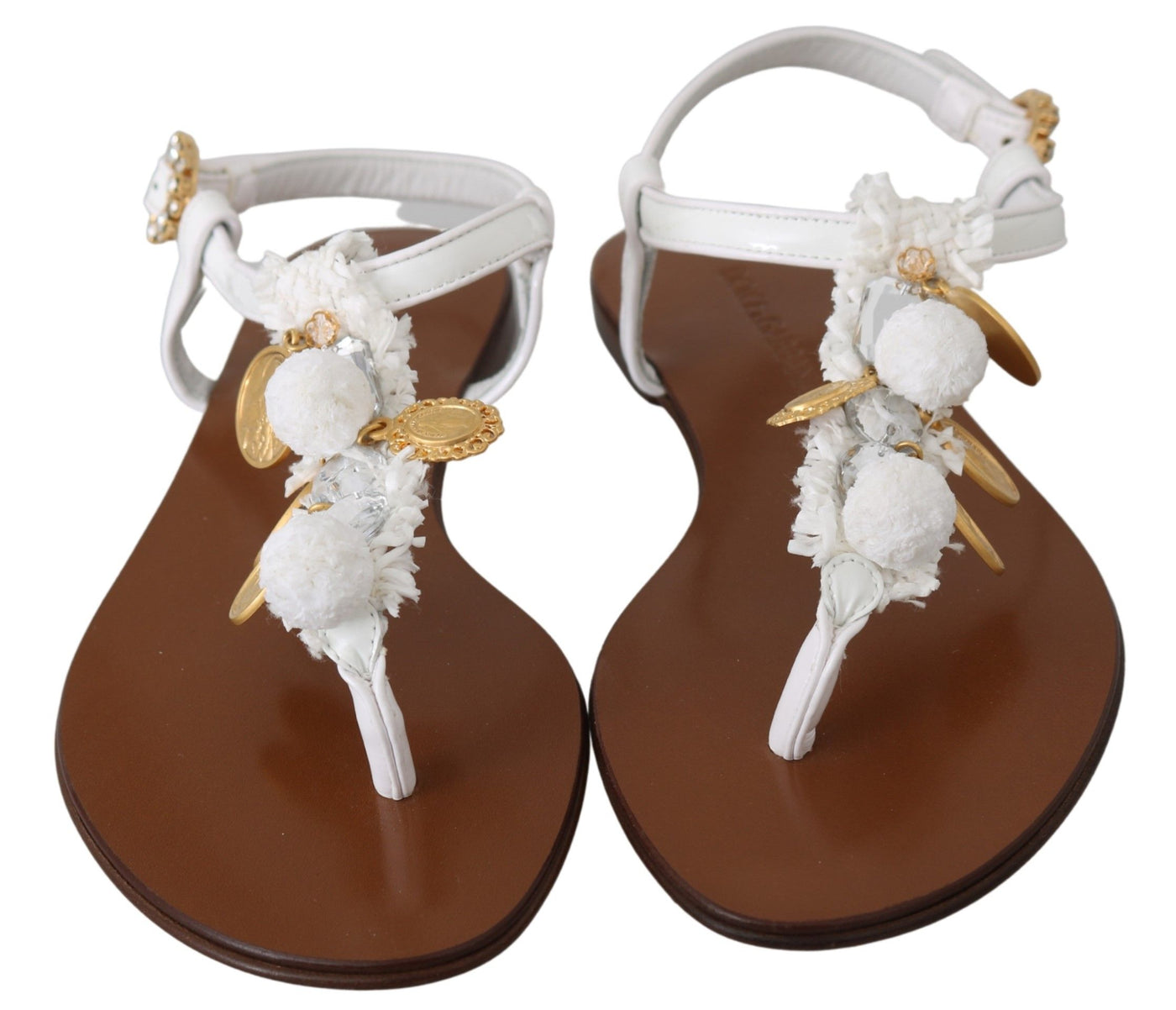 White Leather Coins Flip Flops Sandals Shoes