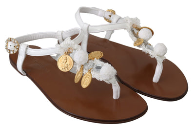 White Leather Coins Flip Flops Sandals Shoes