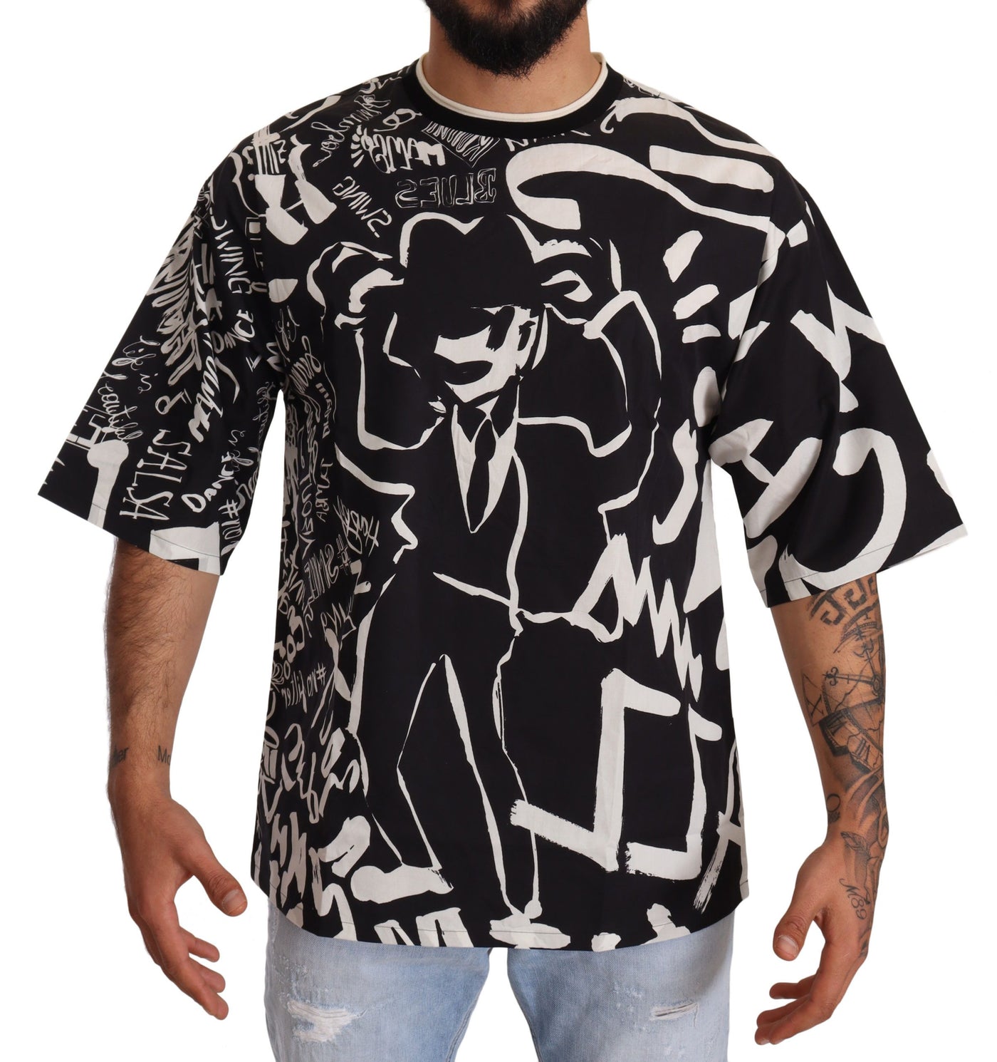 Black White Jazz Print Cotton T-shirt