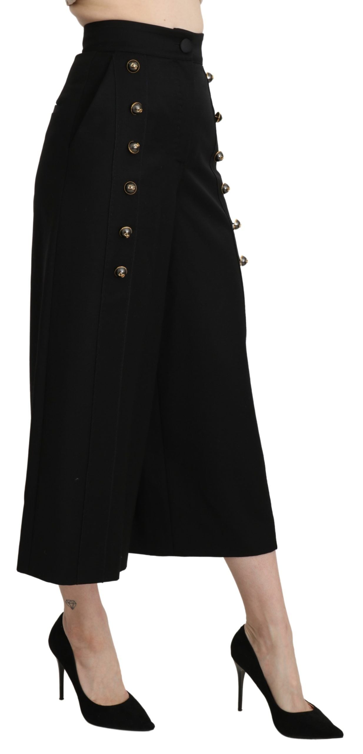 Black Wide Wool Leg Cropped Trouser Pant