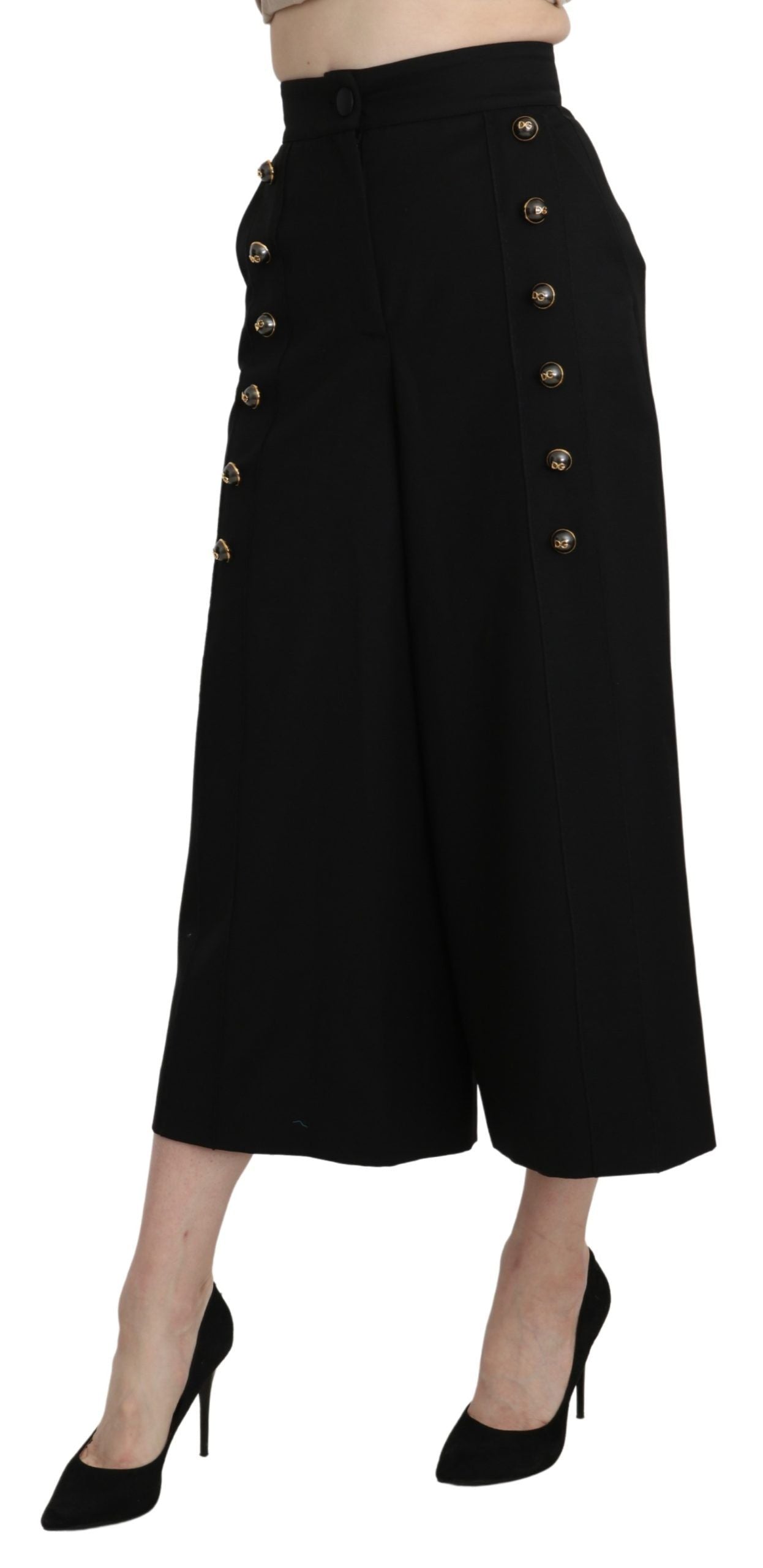 Black Wide Wool Leg Cropped Trouser Pant