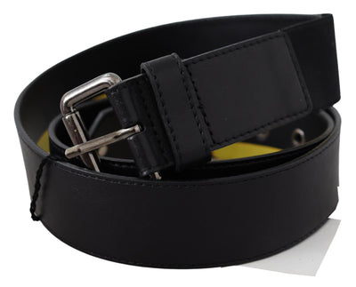 Black Yellow Lining Silver Buckle Waist Genuine LeatherBelt