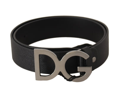 Black Leather Silver DG Logo Metal Buckle Belt