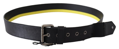 Black Yellow Lining Silver Buckle Waist Genuine LeatherBelt