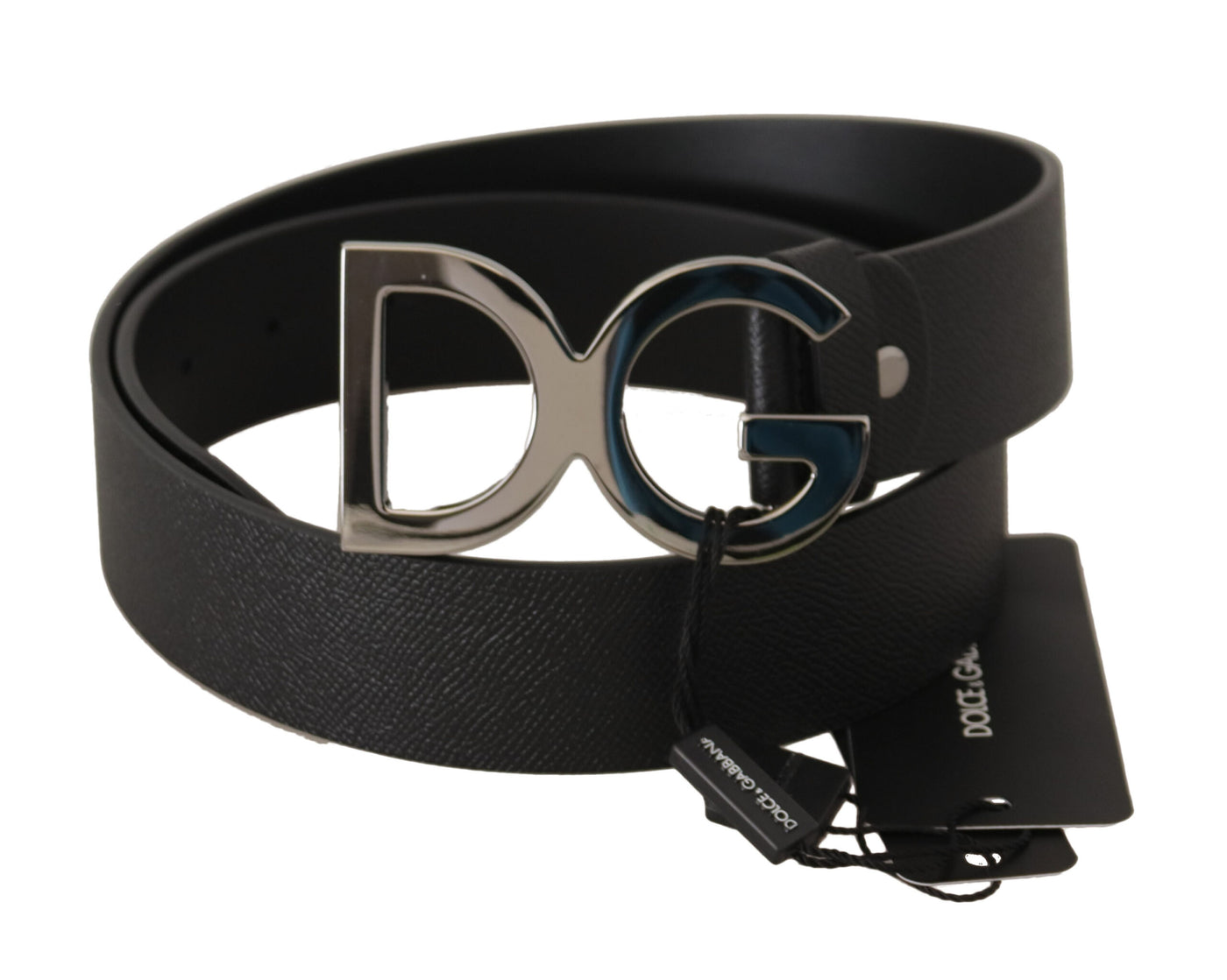 Black Leather Silver DG Logo Metal Buckle Belt