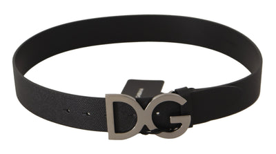 Black Leather Silver DG Logo Metal Buckle Belt