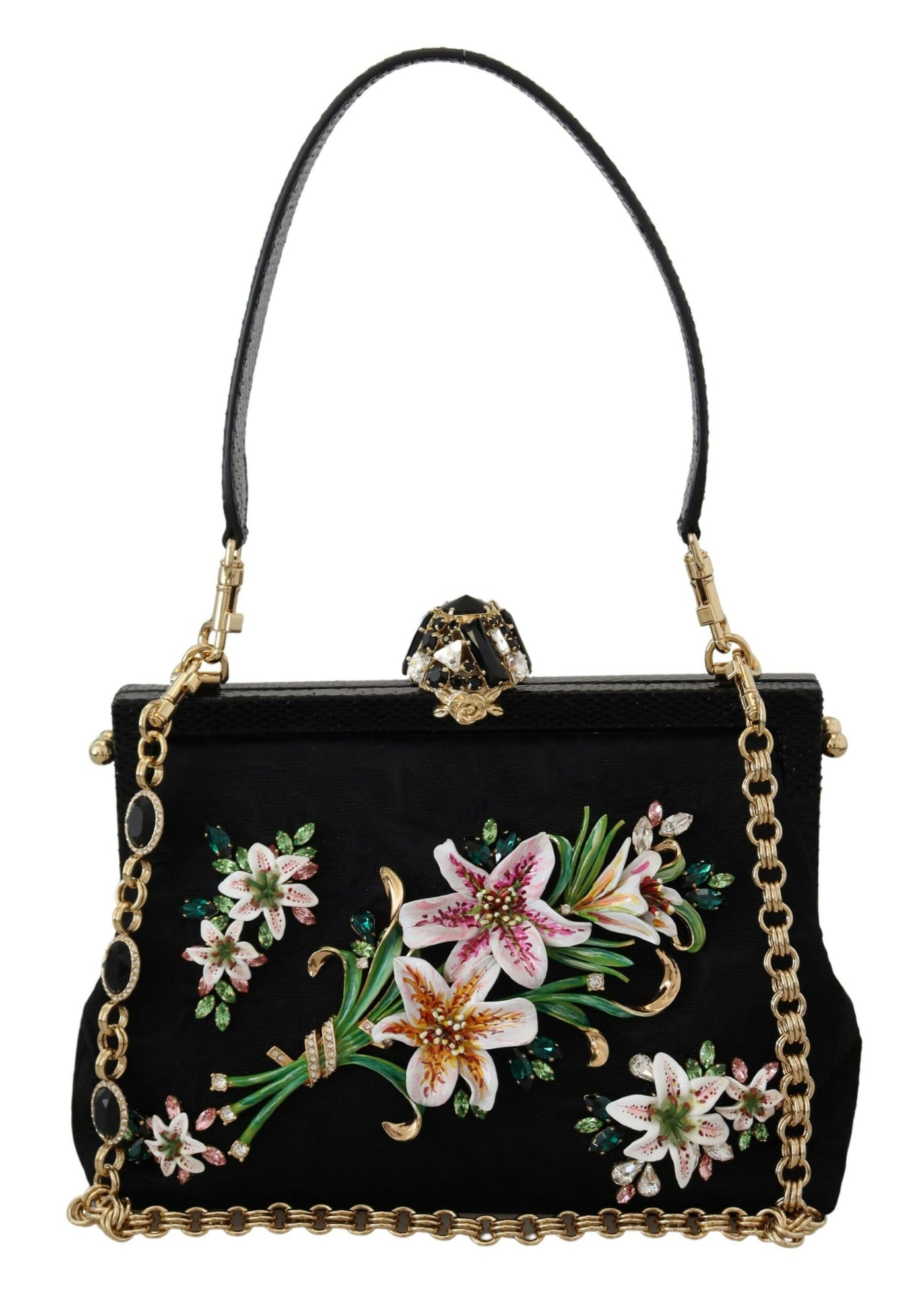 Black Floral Crystal Shoulder Silk Leather VANDA Purse