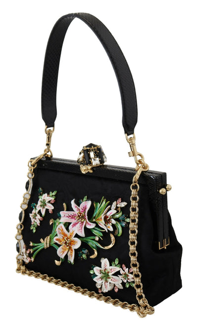 Black Floral Crystal Shoulder Silk Leather VANDA Purse