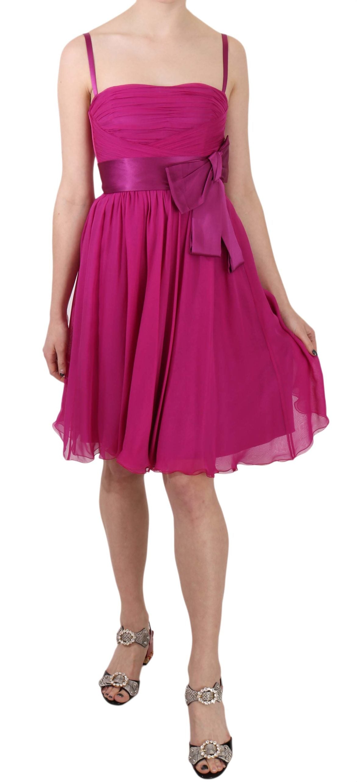 Fuchsia Pink Bow Silk Sleeveless Dress