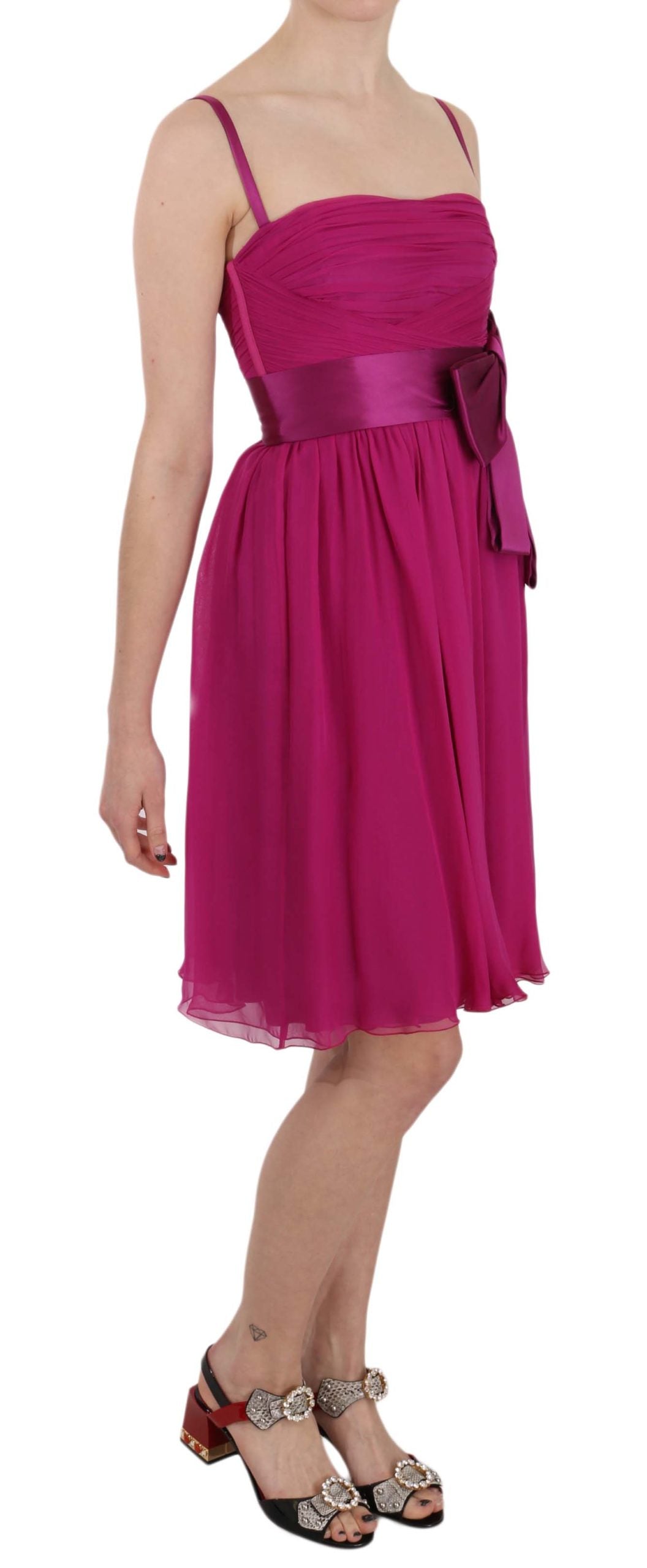 Fuchsia Pink Bow Silk Sleeveless Dress