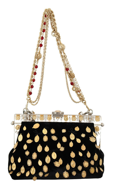 Black Gold Charm Crystal Shoulder VANDA Velvet Purse