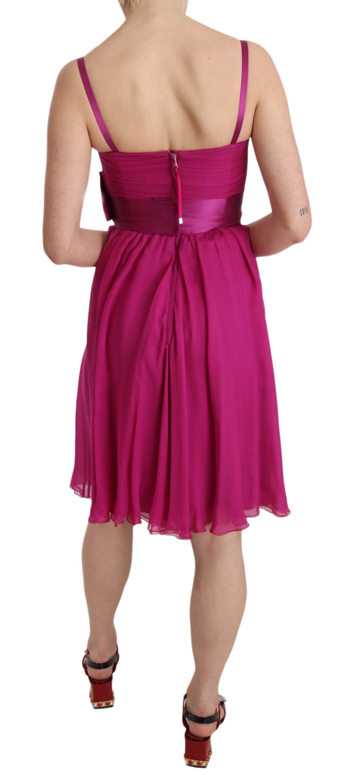 Fuchsia Pink Bow Silk Sleeveless Dress